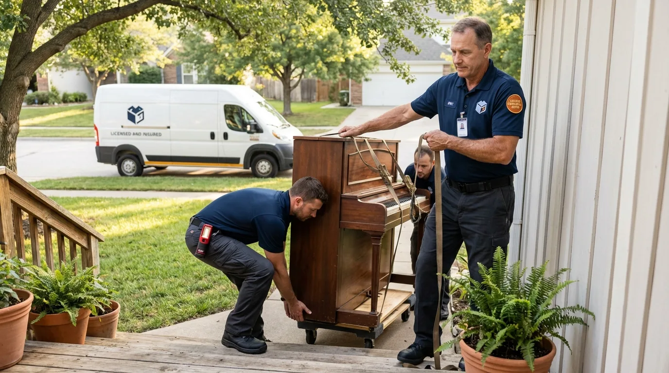 Licensed piano movers securing grand piano in Yeagertown, PA
