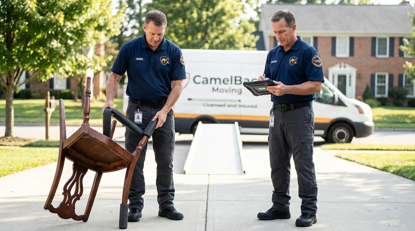 Movers inspecting furniture for damage prevention before loading in Yeagertown, PA