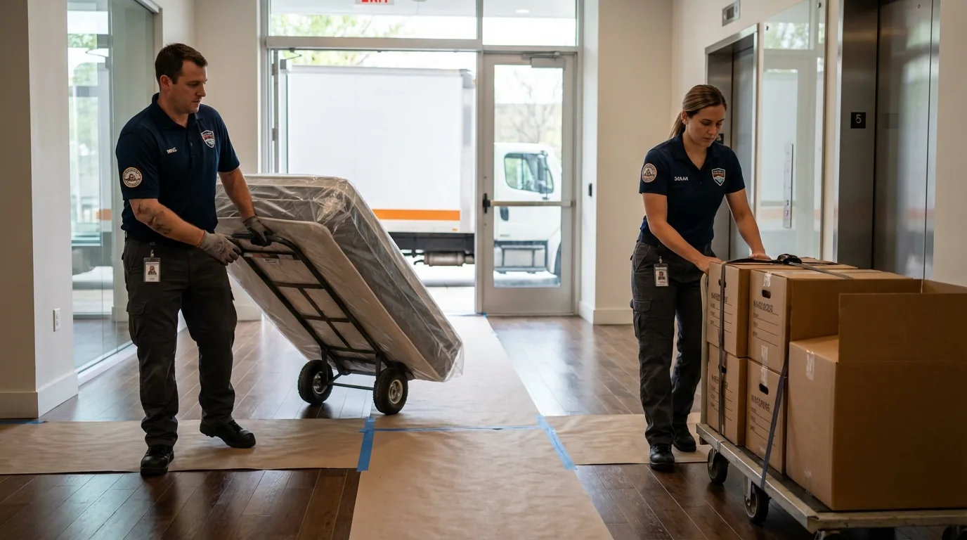 Professional apartment movers loading elevator in Yeagertown, PA